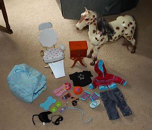 American Girl Doll Lot Clothes Horse Salon Chair Night Stand Coconuts Dog House