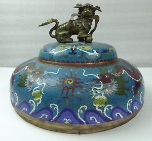 Large Chinese Cloisonne Food Platter Hood with Bronze Foo Dog Handle