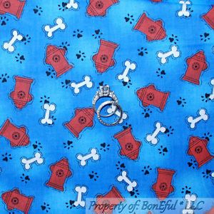 BonEful Fabric FQ Cotton Quilt Blue Red Puppy Dog Fire Hydrant Bone SM Paw Print