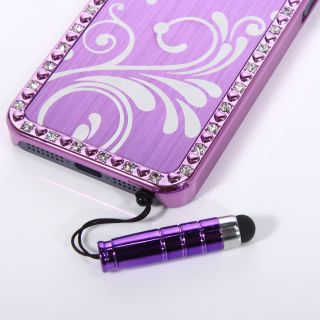 For Apple iPhone 5 Purple Bling Diamond Aluminum Flower Hard Case Cover Stylus