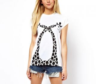 Womens White Cotton Plus Size Summer T Shirt with Double Giraffe Printed