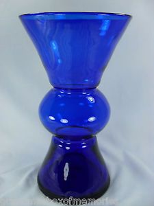 Blenko Art Glass Millennium Hand Blown Cobalt Blue Vase Hourglass Shape w Label