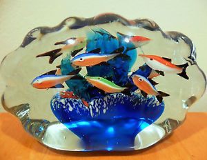 RARE Shape Murano Art Glass Paperweight 10 Fish Aquarium Coral Reef Shell