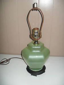 Pearlescent Art Deco Green Glass Table Lamp Urn Shape with Black Wood Base