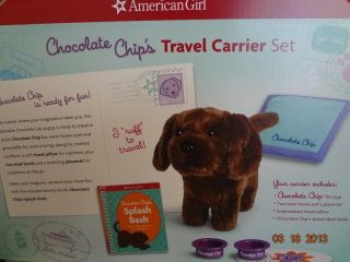 American Girl Chocolate Chip Travel Carrier Set Dog Food Dishes Pillow Book