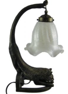 Bronzed Finish Long Tailed Cat Table Lamp Glass Shade