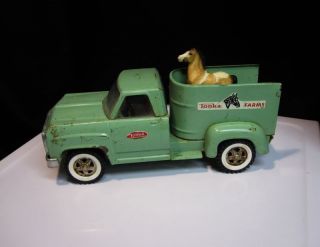 1960's Tonka Farms Pickup Truck Horse Trailer Old Decals Vintage Steel Toy