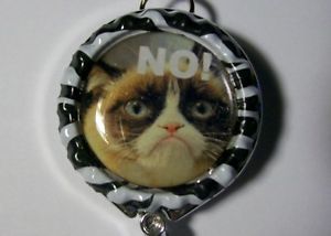 No Grumpy Cat Face Bottlecap Chrome ID Badge Reel w Lanyard Attachment Holder