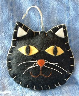 Handcrafted Primitive Folk Art Halloween Black Cat Kitten Face Ornament ...