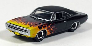 Greenlight 1970 Dodge Charger Black Flames Hot Wheels and Tires 1 64 Diecast