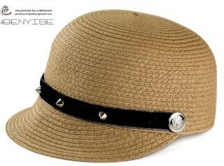 Fashion Womens Girl Rivets Straw Derby Cap Bucket Hat Summer Beach Sun Hat