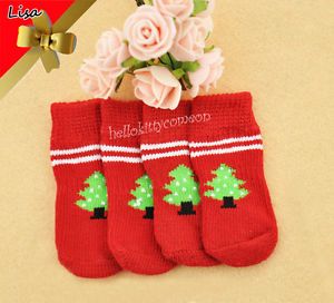 4pcs 1 Set Happy New Year Pet Dog Christmas Tree Anti Slip Traction Pad Socks