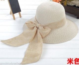 Fashion Chic Women Girl Straw Derby Cap Flax Bow Wide Brim Summer Beach Sun Hat