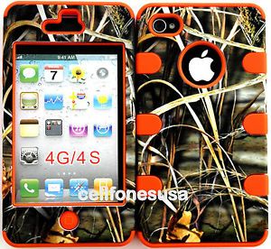 Apple iPhone 4 4S Hybrid Cover Case Silicone Straw Grass Mossy Camo on Orange