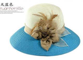 Fashion Womens Flower Wide Brim Bucket Hat Straw Derby Cap Summer Beach Sun Hat