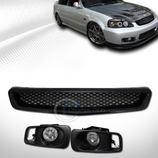 Blk T R Mesh Front Hood Grill Grille Bumper Fog Lights Clear 1999 2000 Civic