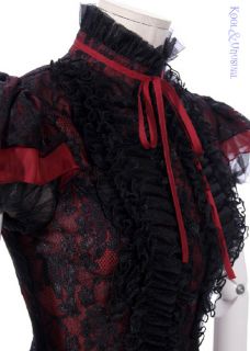 Black Red Short Sleeved Victorian Blouse with Ruffles RQBL Gothic Steampunk