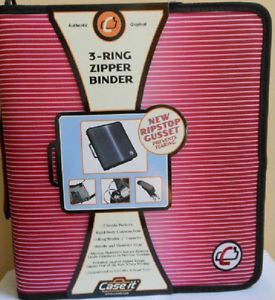 Case It 3 Round Ring Zipper Binder 2" Capacity Stripe Velcro Inside Pockets
