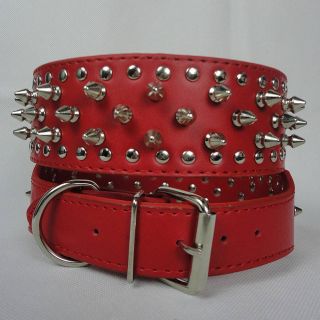 2" Red Rows Spiked Studded Leather Pitbull German Shepherd Dog Collar