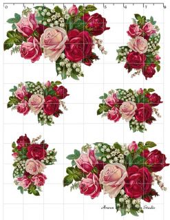 RO137 Beautiful Vintage Chic Shabby Red Pink Roses Spray Waterslide Decals Amds