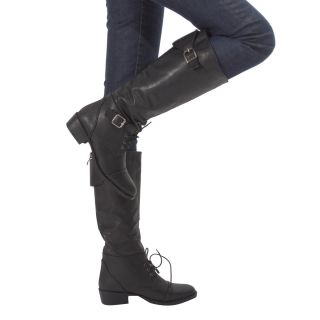 Womens Shoes Black Lace Up Low Heel Buckle Military Riding Knee High Boot US 6 5