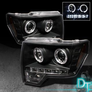 Black 09 13 Ford F150 Halo Projector Headlights w Daytime DRL LED Running Lights