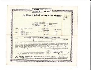 Vintage 1950 Ford 2 Door Car Auto Title RARE Historical Document Michigan