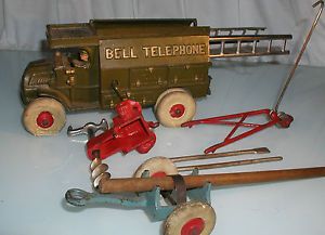 Antique Cast Iron Hubley Bell Telephone Truck w Accessories Ladders Tools Etc