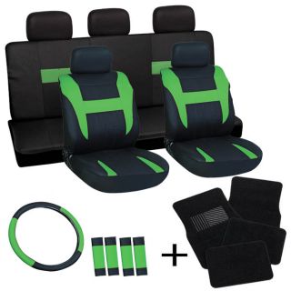20pc Set Green Black Car Seat Cover Steering Wheel Belt Pad Head Rest Floor Mat