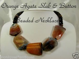 Orange Agate Large Slab Stone Necklace w Multi Color Faceted Button Beads