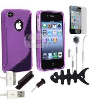 7x iPhone 4 4S Purple TPU Case Dust Dock Cap Earphone Fish Film Cable