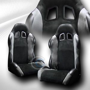 SP Sport Style Black Gray Suede Leather Racing Bucket Seats w Sliders L R Nissan
