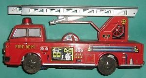 Vintage Japan Yonezawa Toy Fire Truck Engine Tin Battery Operated FD Ladder Car
