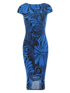 Royal Monochrome Floral Print Cap Sleeve Stretch Bodycon Womens Long MIDI Dress