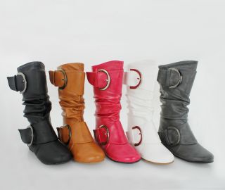 New Youth Girls Flat Mid Calf Slouch Boots Little Kids Boot w Fashion Buckles