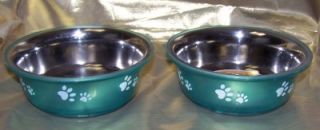 Dog Cat Pet Fusion Dual Water Food Bowls Paw Stainless Non Skid Gift Teal