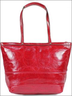 Coach 15142 Signature Stripe Patent Leather Tote Bag Red Limited Ed