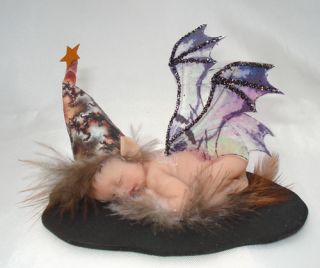 OOAK Fairy Fae Pixie Sleeping Baby Bat Art Doll Polymer Clay Sculpt