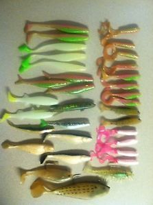 Lot of 33 Saltwater Soft Plastic Fishing Lures Striped Bass Trolling Tackle Bait
