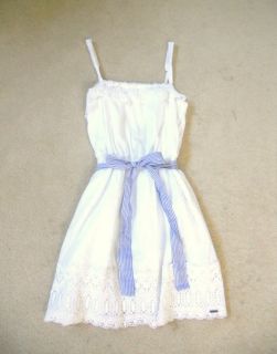 Hollister Abercrombie White Lace Polka Dot Dress with Blue Bow Belt XSmall