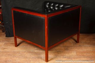 Pair Art Deco Box Club Chairs Arm Chairs Button Leather