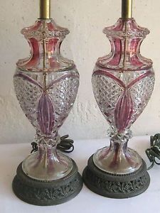 Pair Vintage Antique Cranberry Ruby Stain Flash Pattern Glass Crystal Vase Lamps