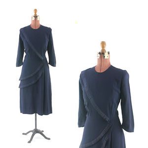 Vintage 40s Navy Blue Rayon Crepe Stain Pleated Cocktail Art Deco Warp Dress M