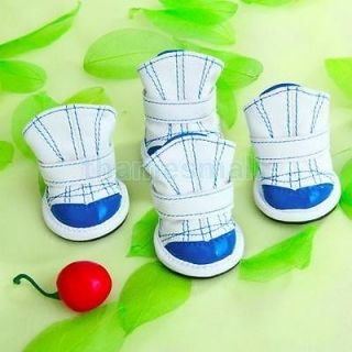 Pet Dog Puppy Blue White PU Leather Shoes Boots Anti Slip Paws Cover 3