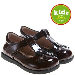 Girls Kids Infant Childrens Patent Leather Toddler Shoes Brown with Crystals
