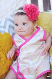 New Gold Pink Cherry Blossom Wedding Asian Wrap Kimono Baby Toddler Girl Dresses