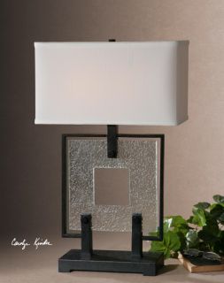 Modern Square Seeded Glass Black Metal Table Lamp Contemporary