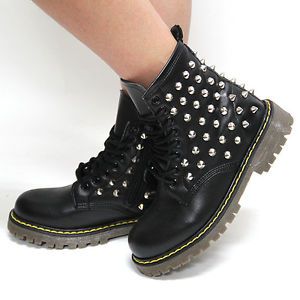 Womens Black Silver Studded Zip Combat Boots Ladies Military Motorcycle Shoes