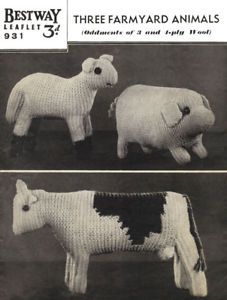 Knitting Pattern Toy Pig Cow Lamb Farm Animals Vintage 1940s