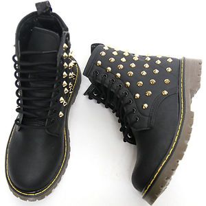 Womens Black Gold Studded High Top Zip Combat Boots Ladies Military Shoes